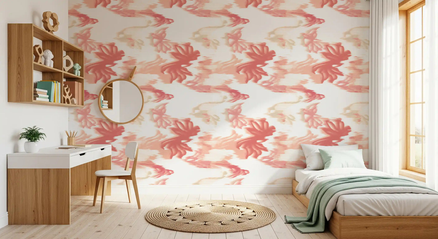 Bedroom wall finished in Coral Mist Flow wallpaper with flowing coral pattern
