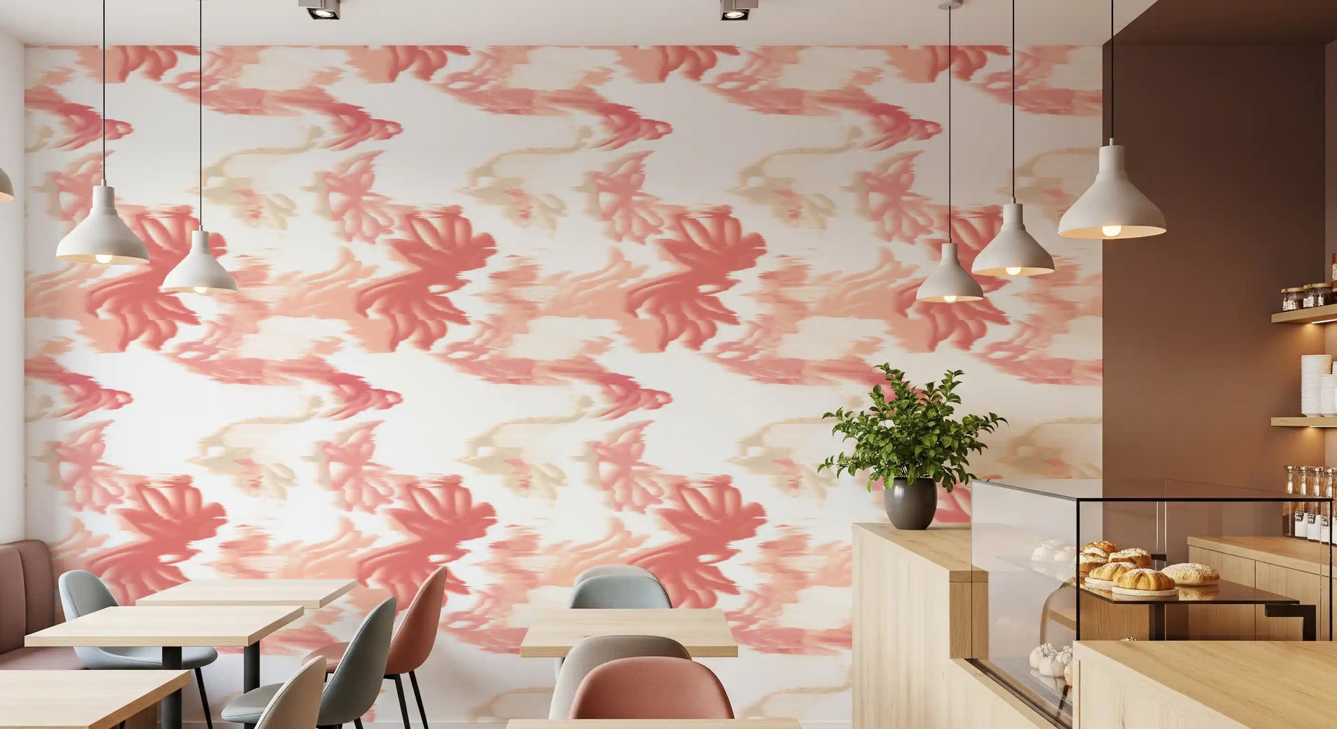Coral Mist Flow wallpaper in warm peach tones with fluid organic shapes