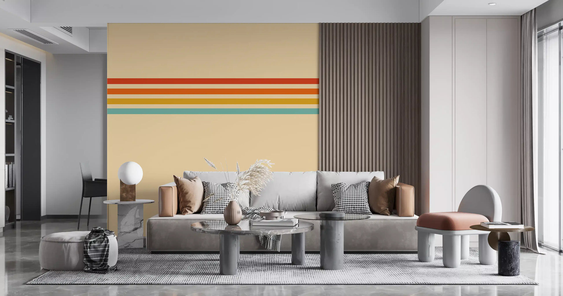 Horizontal stripe wall mural featuring Retro Stripe Revival soft tones