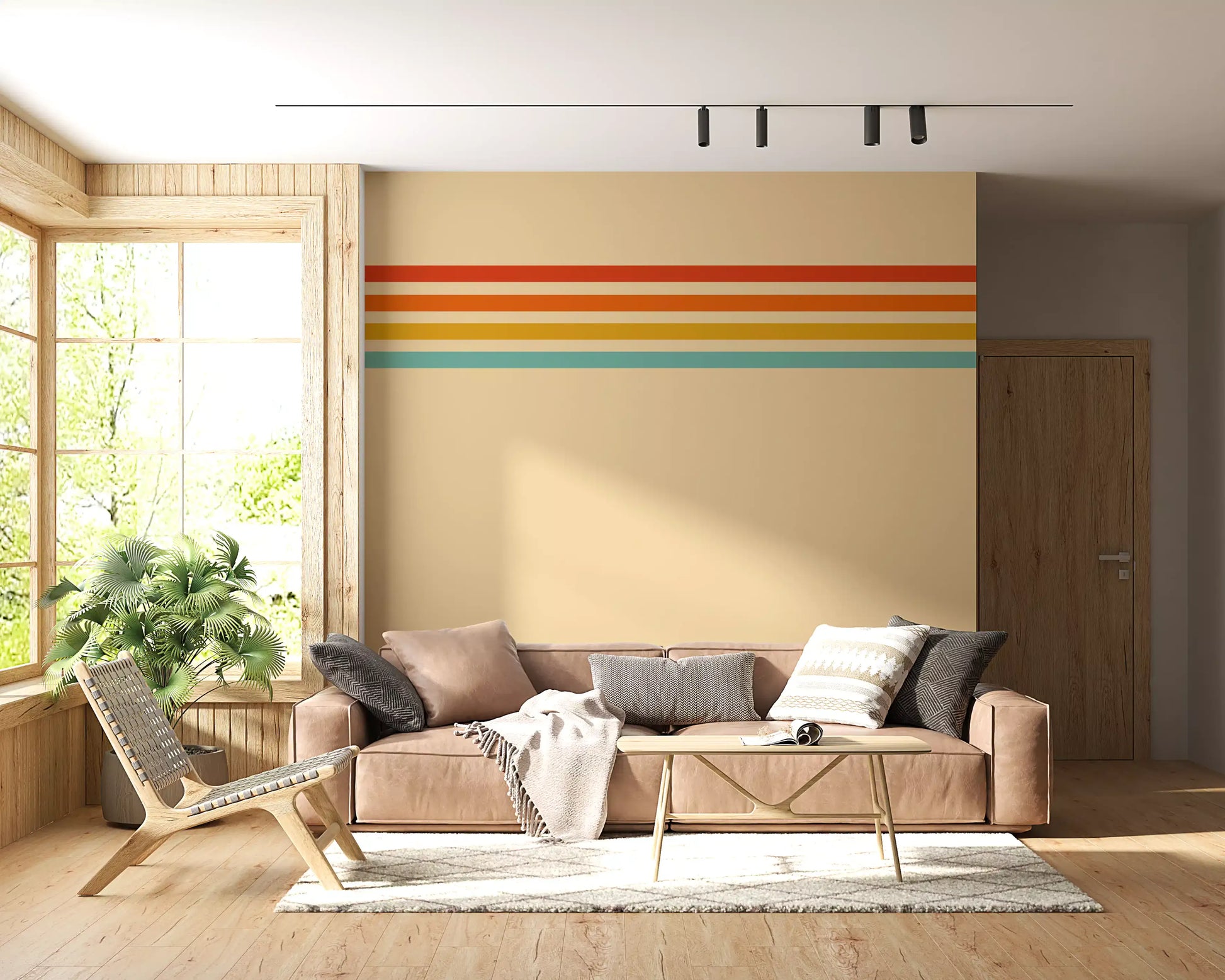Living room styled with Retro Stripe Revival wall mural beige stripe layout