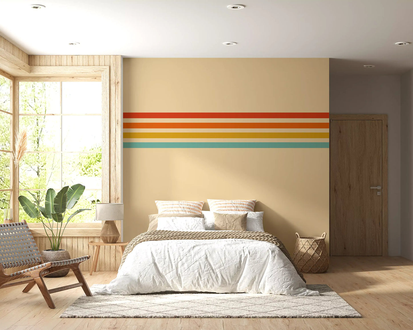 Bedroom wall featuring Retro Stripe Revival wall mural soft color bands