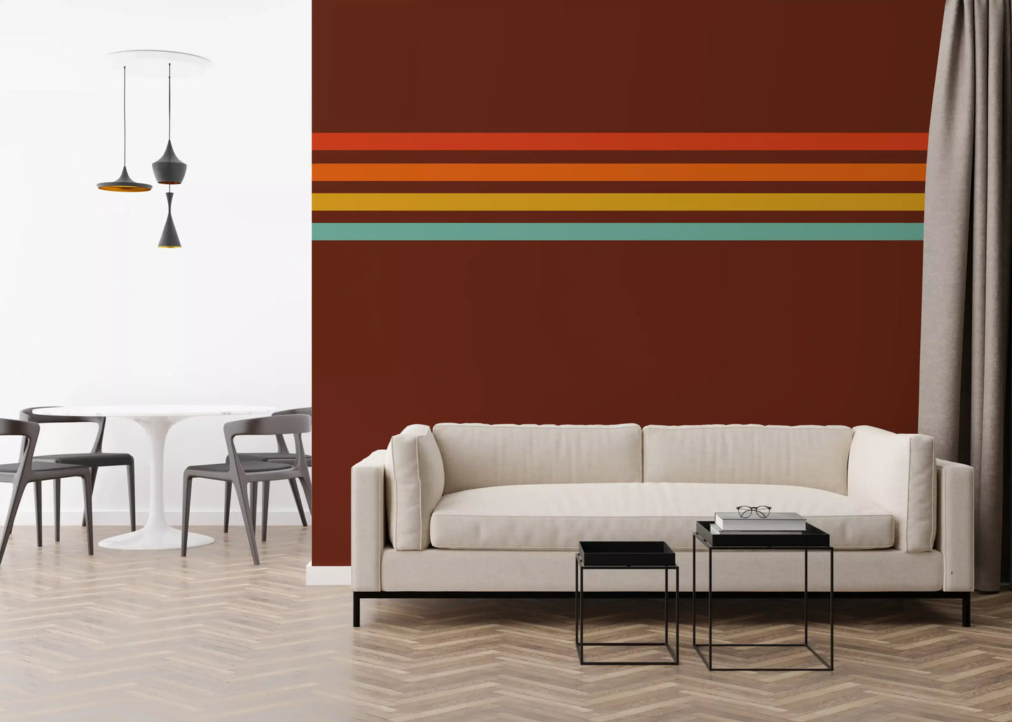 Retro Stripe Horizon wall mural with brown base and orange stripe bands