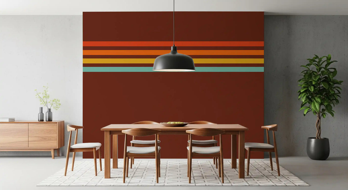 Dining room setup with Retro Stripe Horizon wall mural stripe layout