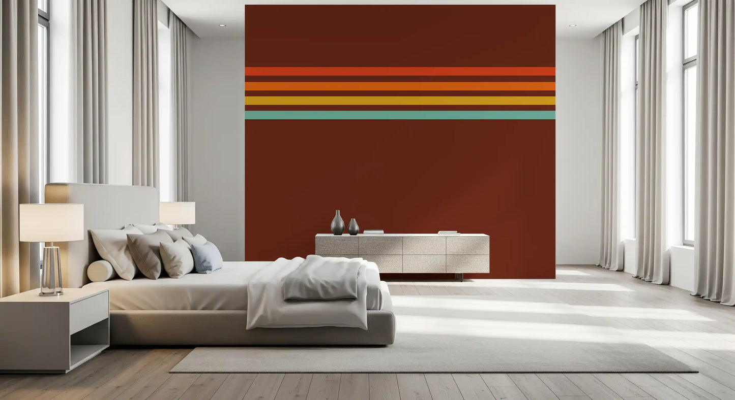 Bedroom space using Retro Stripe Horizon wall mural horizontal lines