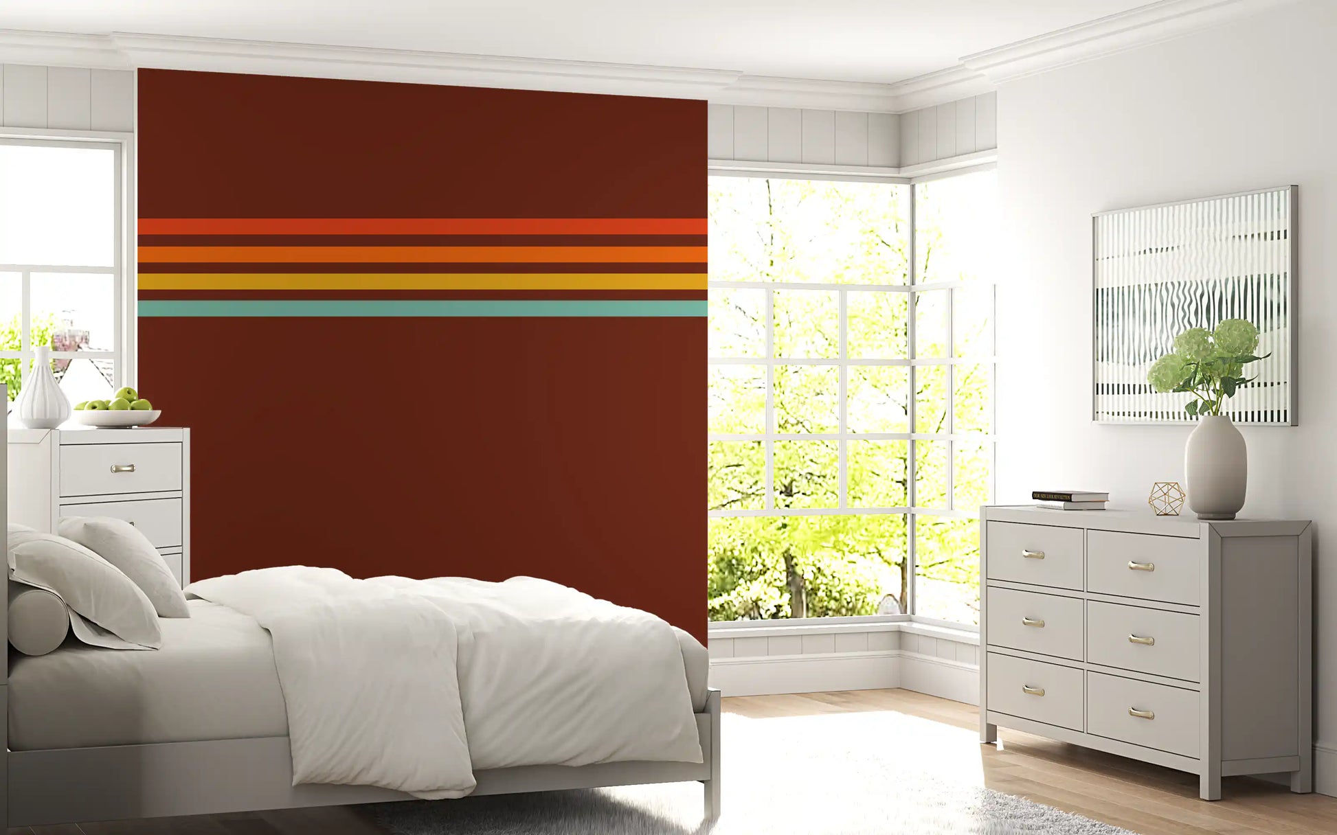Retro Stripe Horizon wall mural with yellow and green accent lines