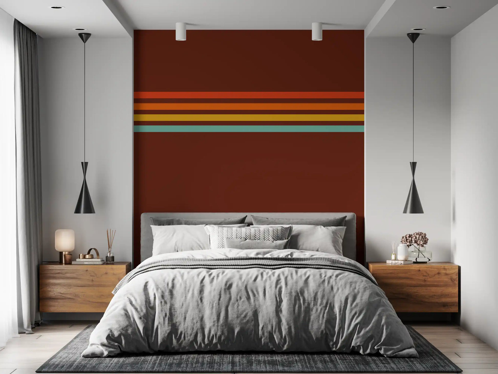 Bedroom wall featuring Retro Stripe Horizon wall mural warm color bands