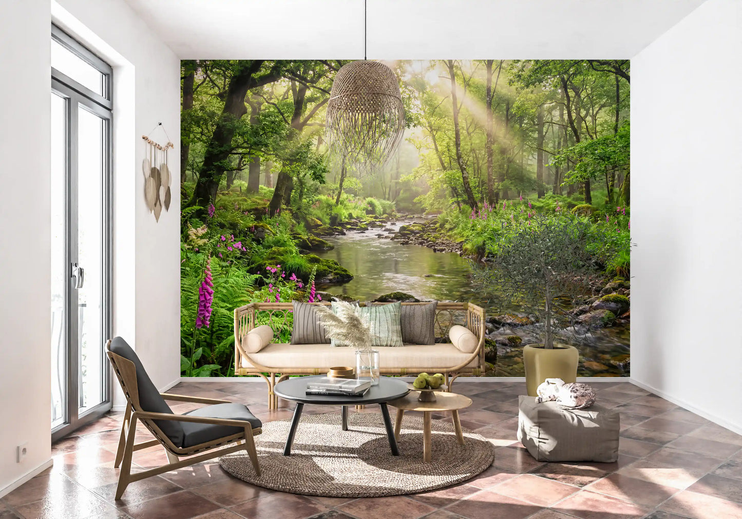 Sunlit Woodland Stream Wall Mural