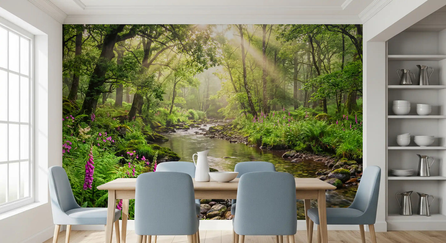 Sunlit Woodland Stream Wall Mural