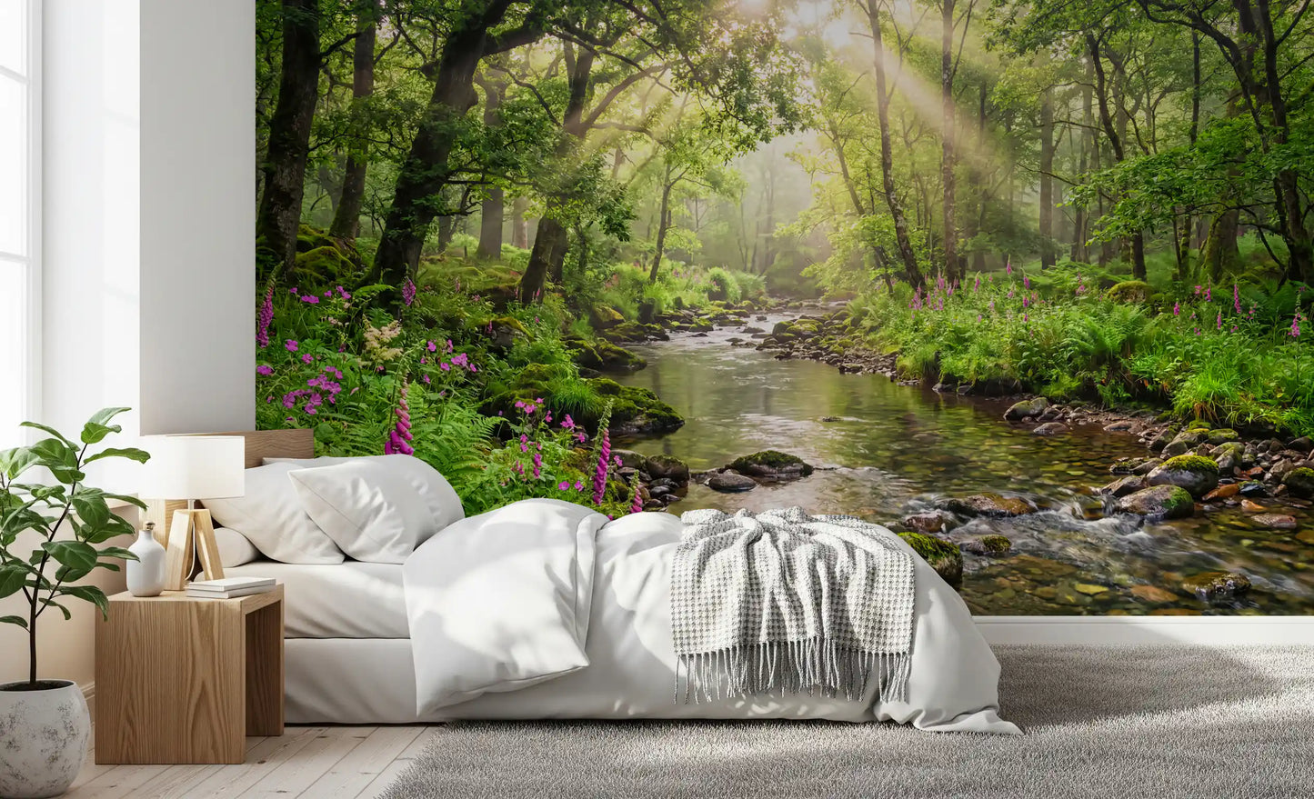 Sunlit Woodland Stream Wall Mural