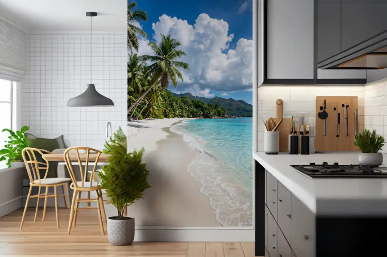 Kitchen design using Palm-Fringed Serenity wall mural coastal view