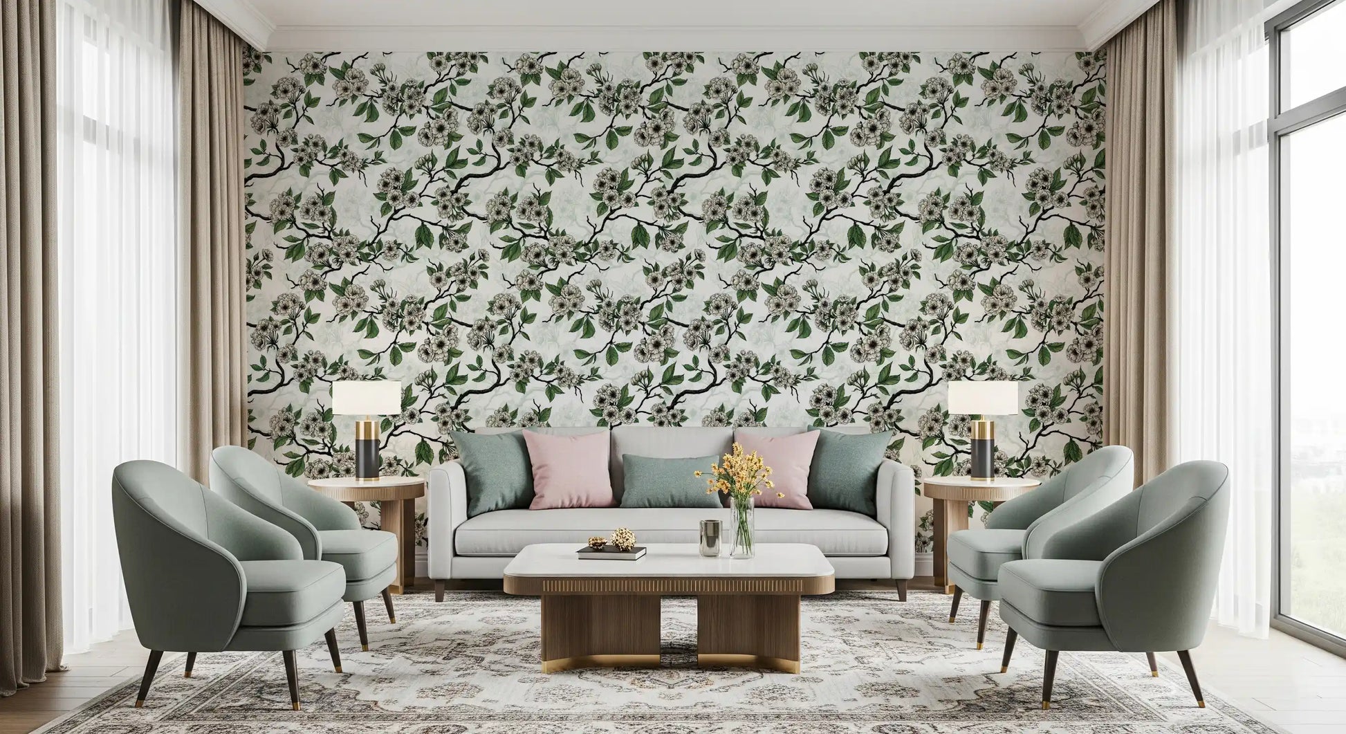 Living room styled with Cherry Blossom on White wallpaper and green leaves