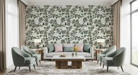 Living room styled with Cherry Blossom on White wallpaper and green leaves