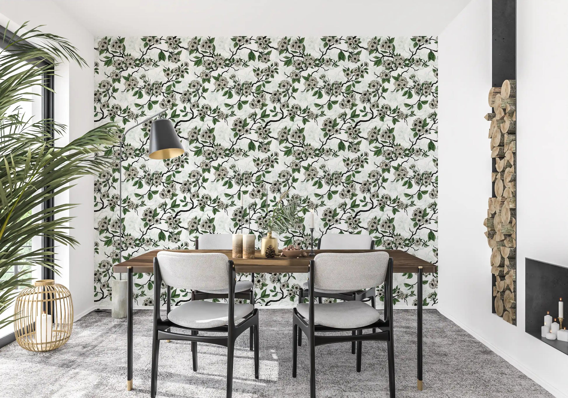 Floral branch wallpaper featuring Cherry Blossom on White soft pattern