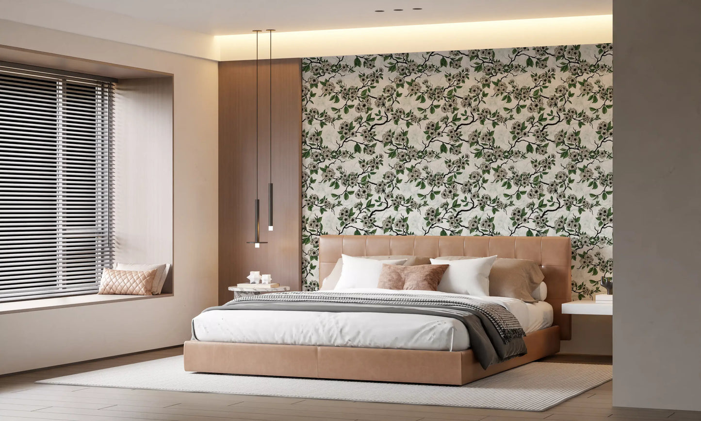 Bedroom wall featuring Cherry Blossom on White wallpaper with floral pattern