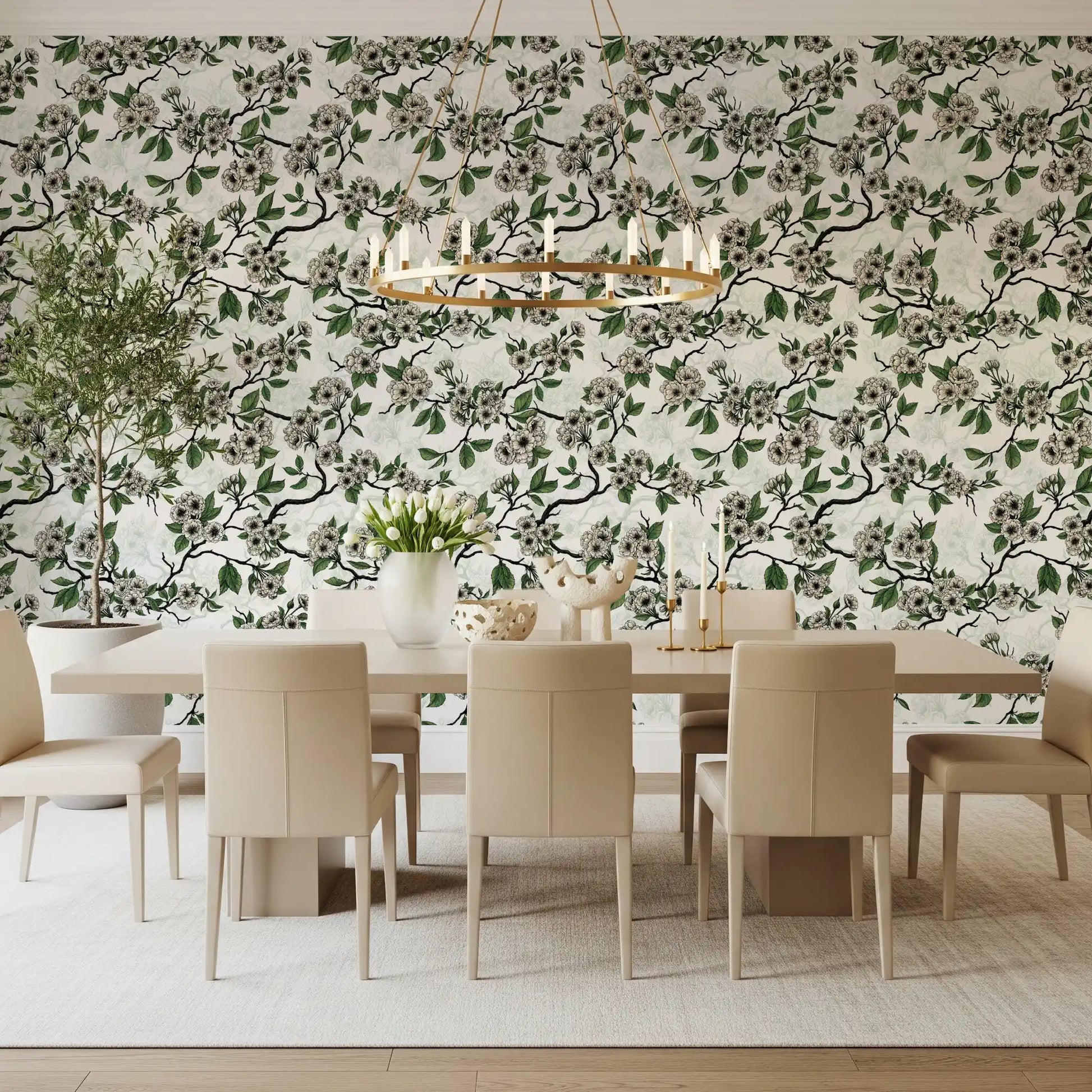 Nature-inspired wallpaper with Cherry Blossom on White floral detailing