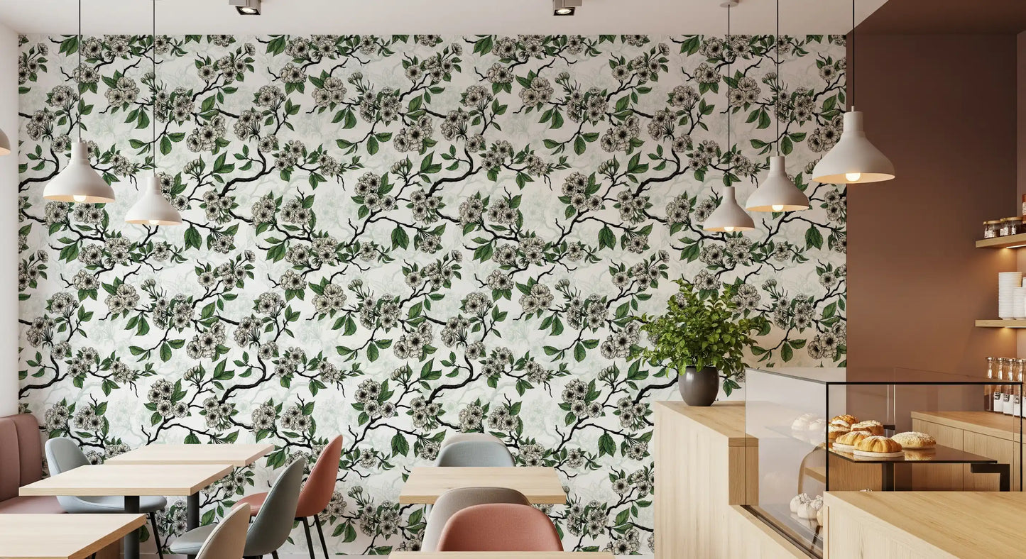 Cafe area setup with Cherry Blossom on White wallpaper and branches