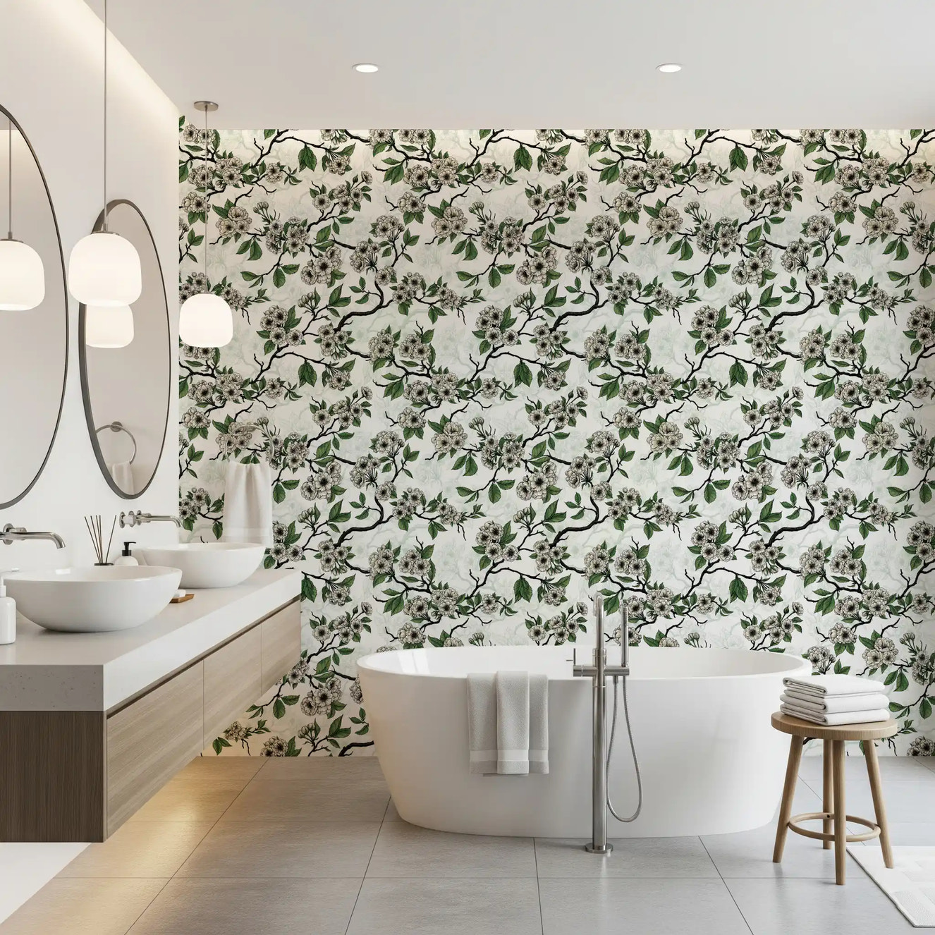 Bathroom design using Cherry Blossom on White wallpaper in clean tones