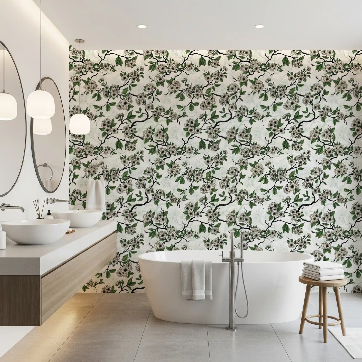 Bathroom design using Cherry Blossom on White wallpaper in clean tones