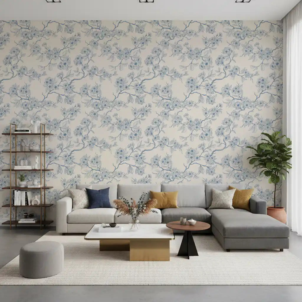 Living room styled with Serene Blossom Branches wallpaper in blue tones