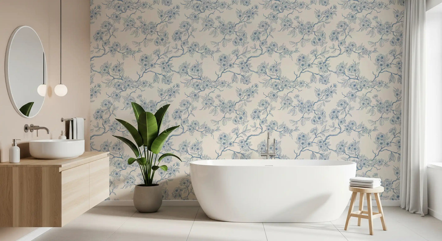 Bathroom wall featuring Serene Blossom Branches wallpaper with floral lines