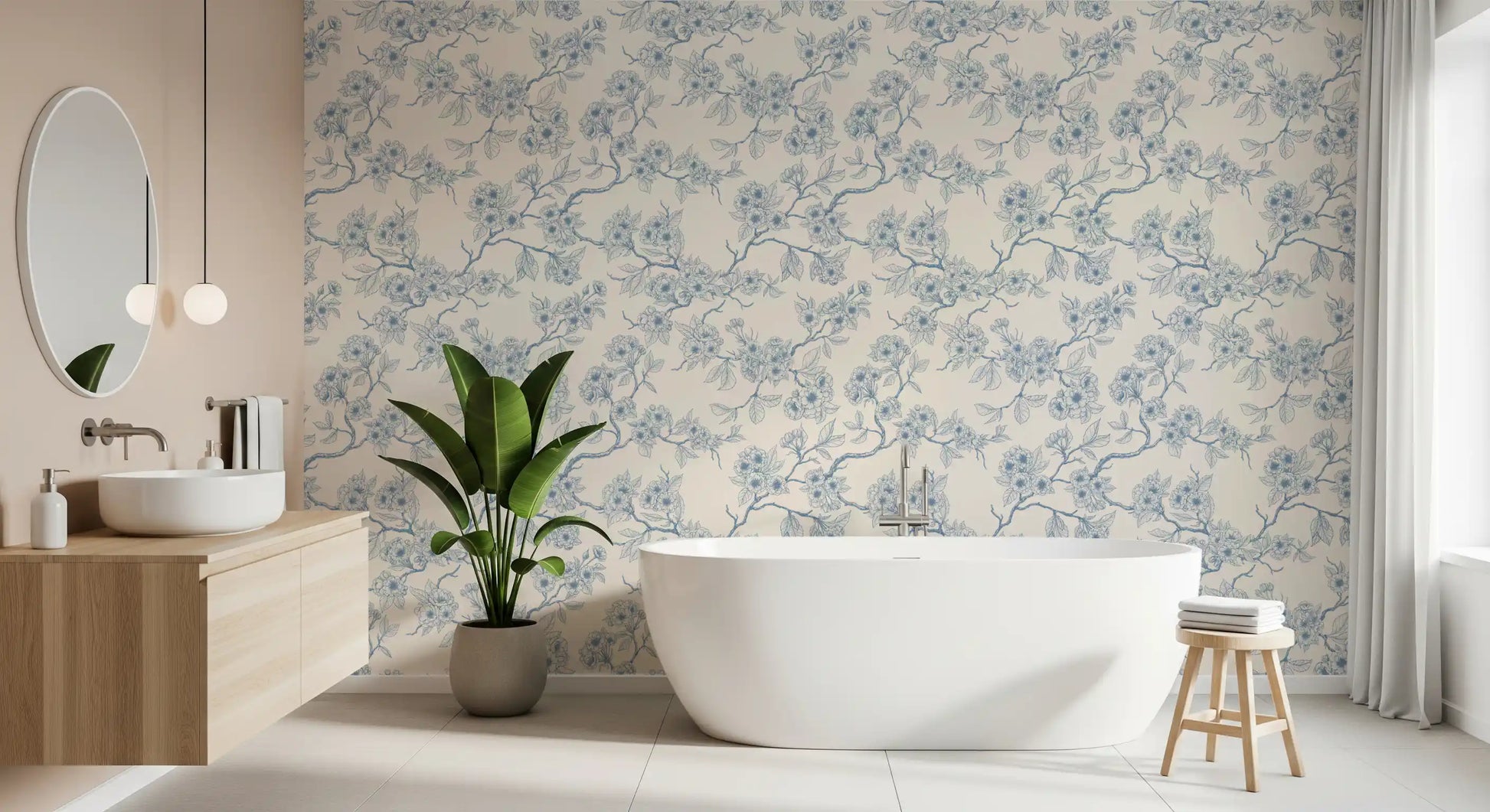 Bathroom wall featuring Serene Blossom Branches wallpaper with floral lines