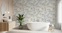 Bathroom wall featuring Serene Blossom Branches wallpaper with floral lines