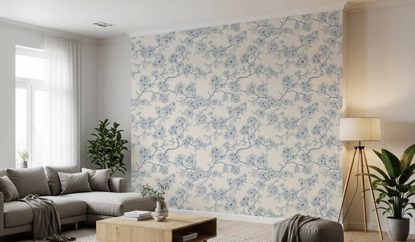 Serene Blossom Branches wallpaper with blue floral outlines and texture