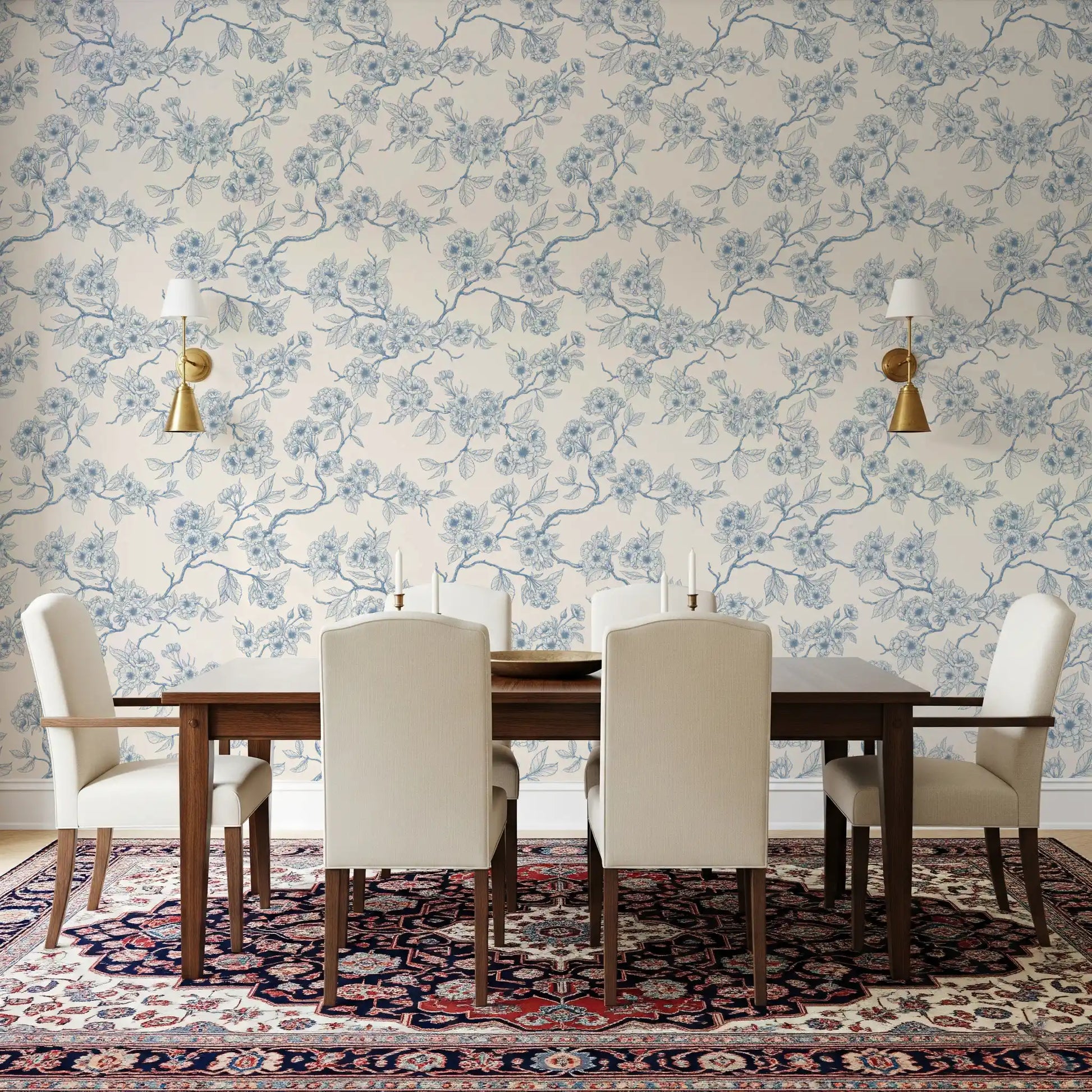 Dining area design using Serene Blossom Branches wallpaper in neutral palette