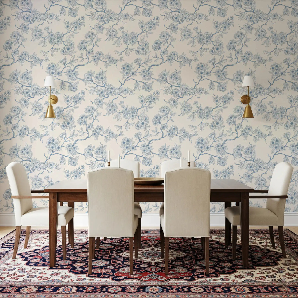 Dining area design using Serene Blossom Branches wallpaper in neutral palette