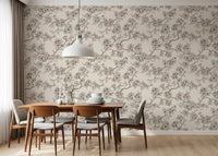 Dining room setup with Cherry Blossom Branches wallpaper and branch pattern
