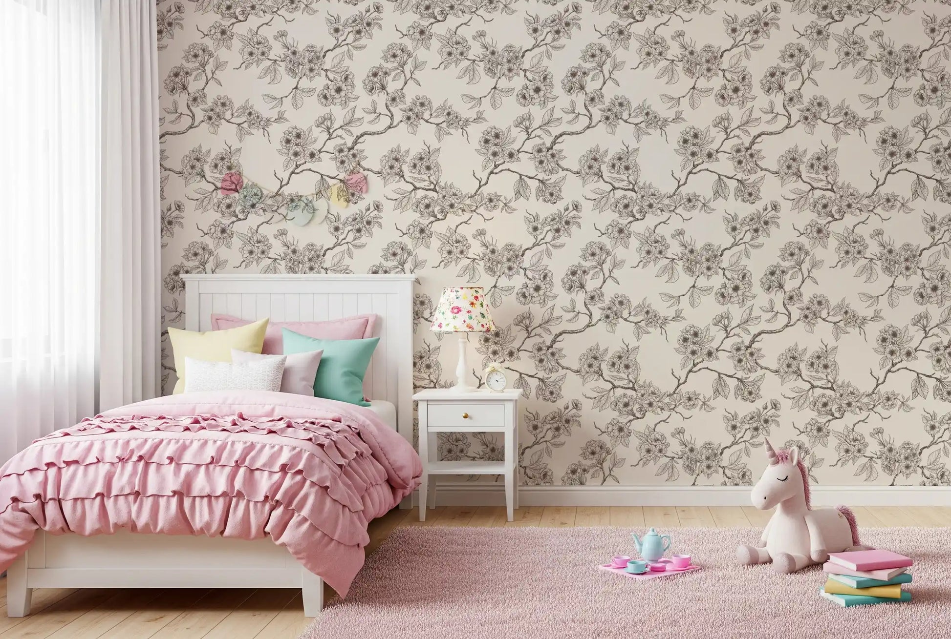Bedroom wall featuring Cherry Blossom Branches wallpaper with floral lines