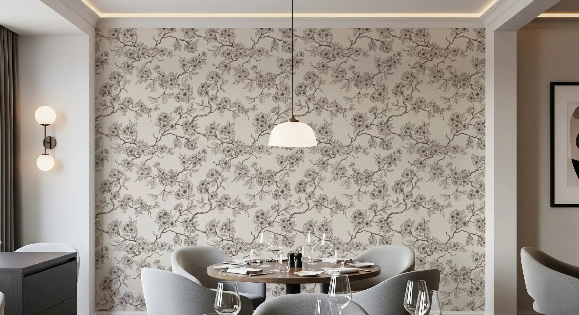Cherry Blossom Branches wallpaper with off white background and florals