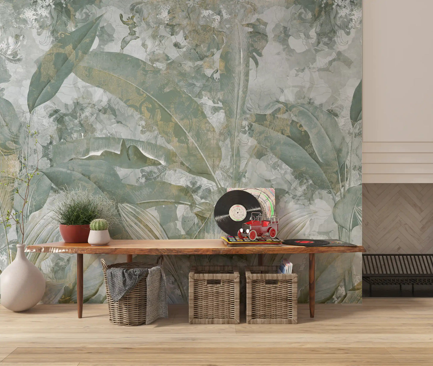 Tropical foliage wall mural with Sage Green Tropical Botanical texture