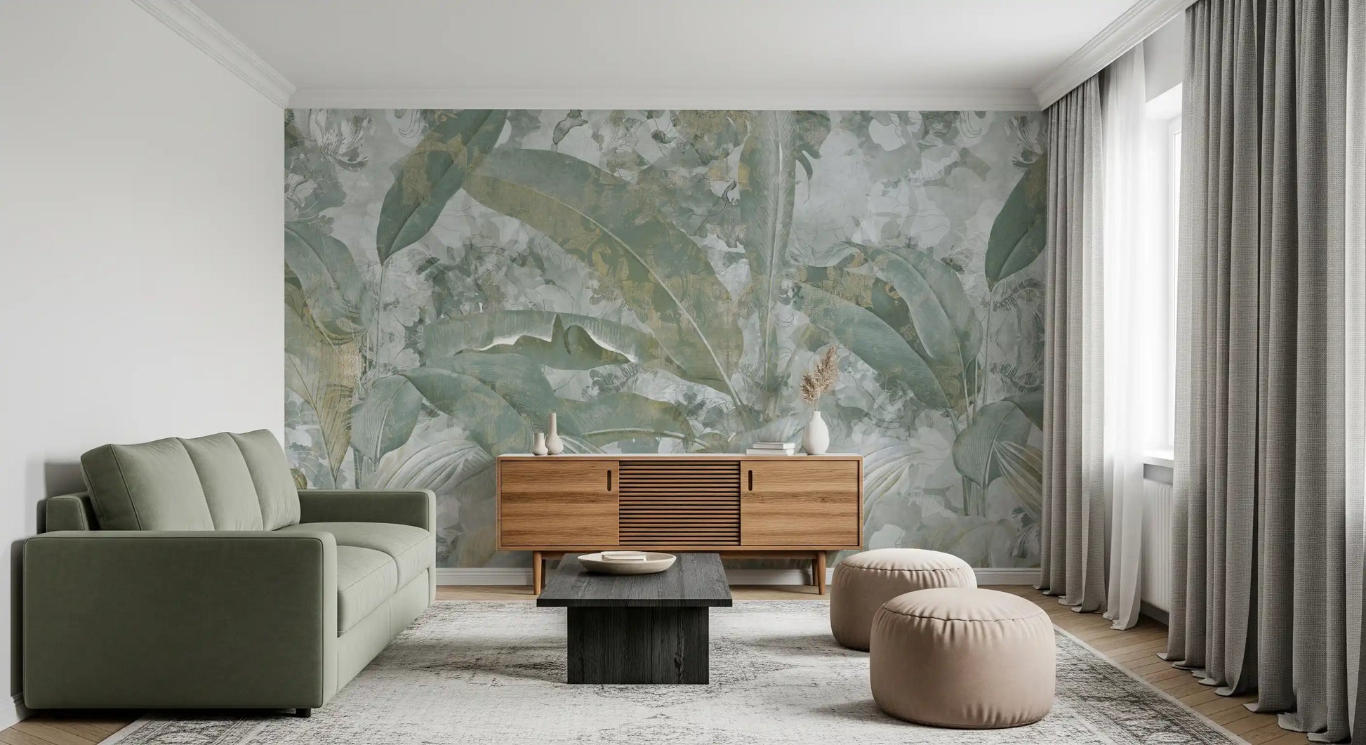 Botanical wall mural featuring Sage Green Tropical Botanical soft foliage