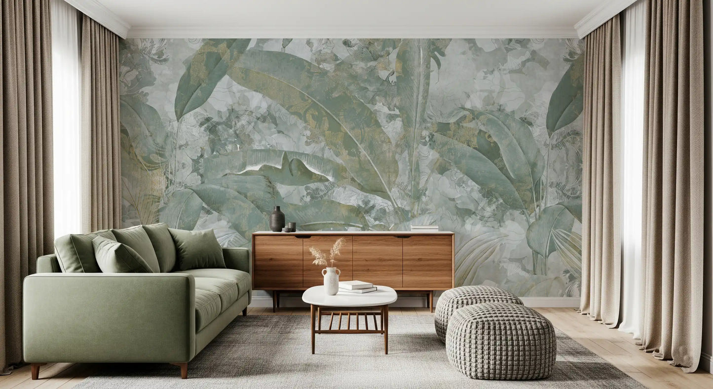 Nature-inspired wall mural with Sage Green Tropical Botanical calm style