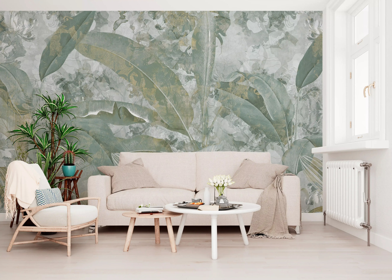 Hallway design using Sage Green Tropical Botanical wall mural in green hues