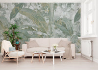 Hallway design using Sage Green Tropical Botanical wall mural in green hues
