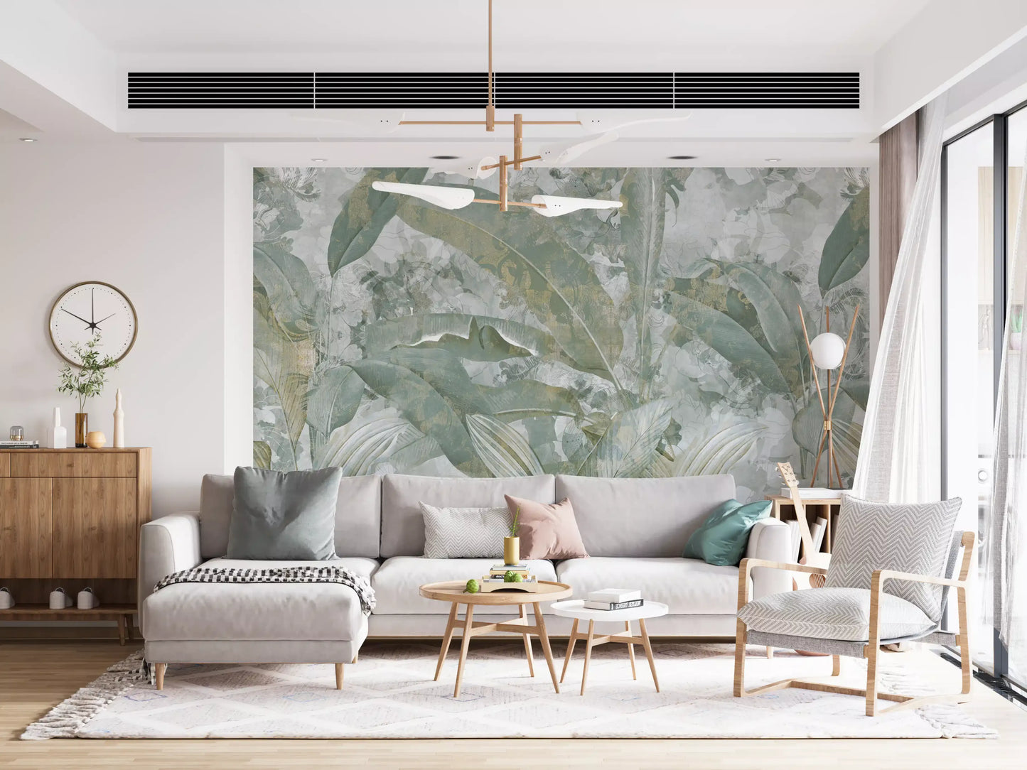 Office room setup with Sage Green Tropical Botanical wall mural and texture