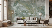Sage Green Tropical Botanical wall mural with muted green leaf patterns