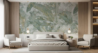 Sage Green Tropical Botanical wall mural showing large leaf layering
