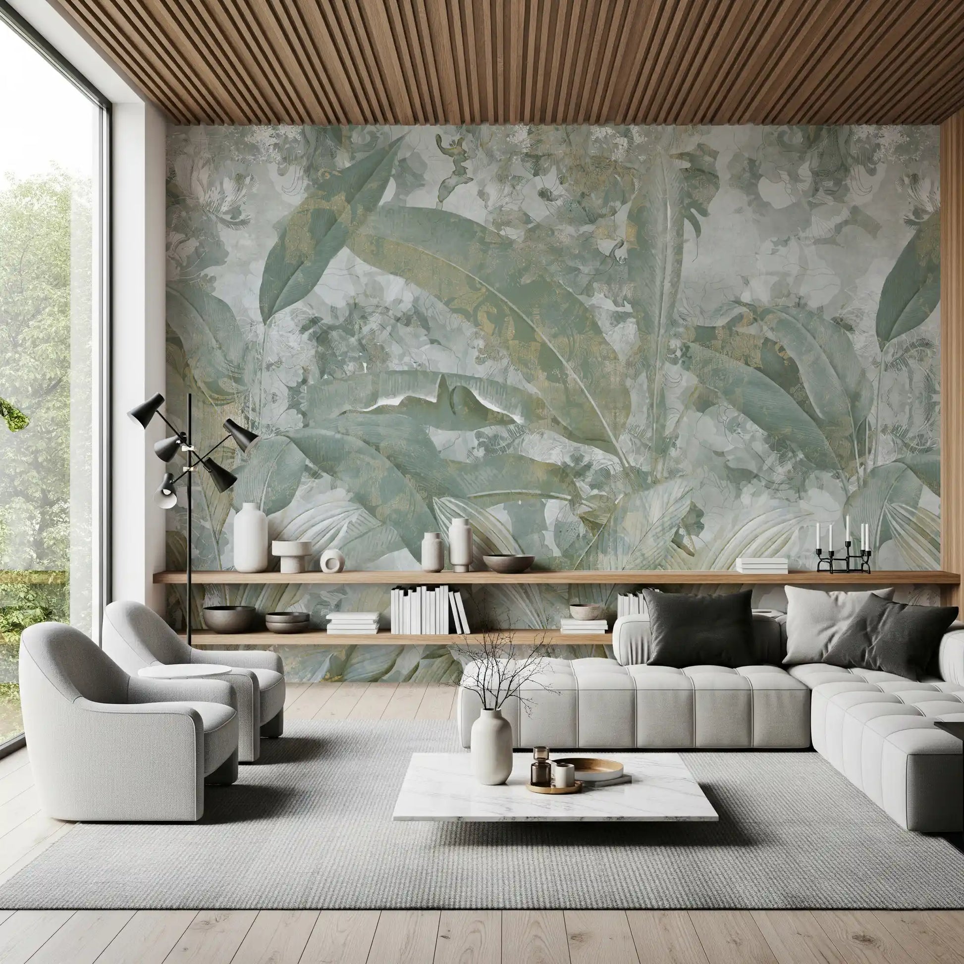 Living room styled with Sage Green Tropical Botanical wall mural in soft tones