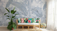 Hallway design using Misty Blue Tropical Palm wall mural in blue shades