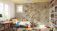 Kids room setup with Golden Orchard Bird wall mural and nature pattern