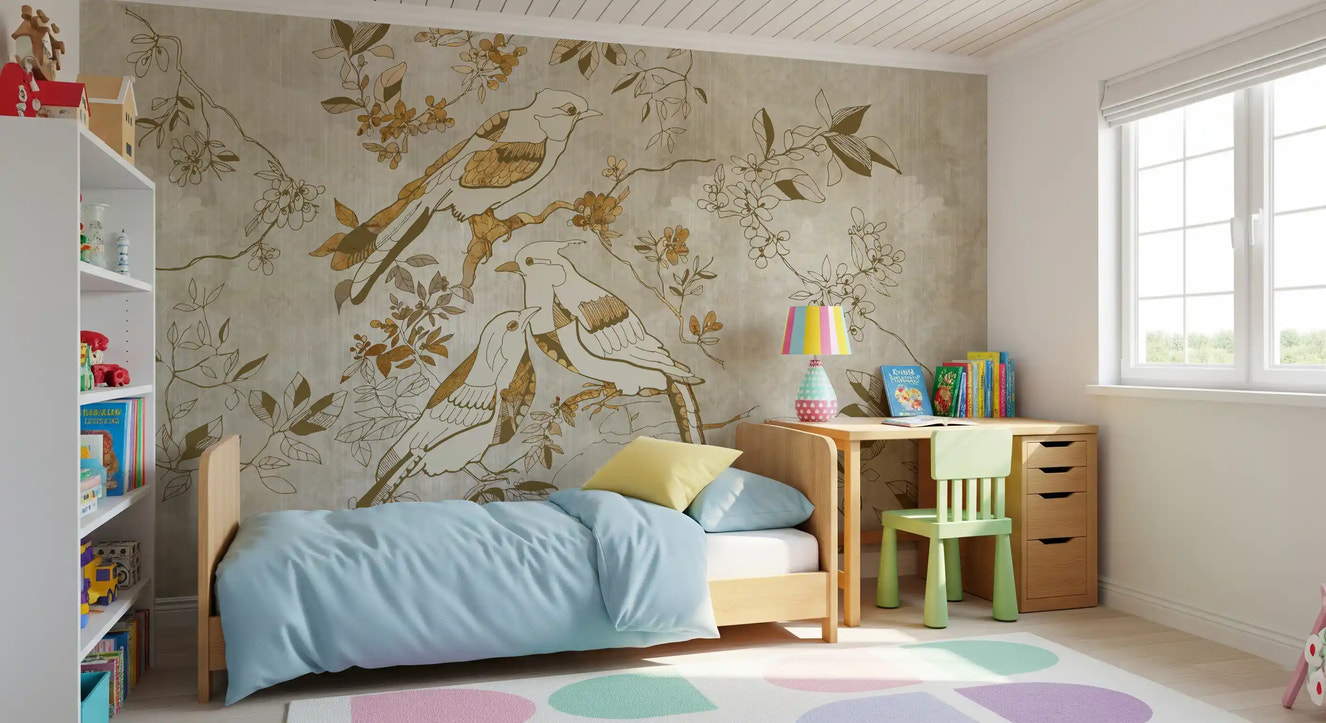 Bedroom wall featuring Golden Orchard Bird wall mural with bird design