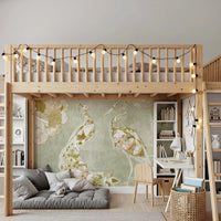 Artistic bird wall mural with Emerald Green Peacock layered composition