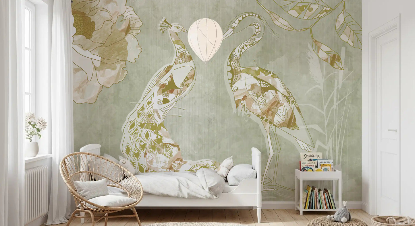 Bird-themed wall mural featuring Emerald Green Peacock elegant design