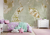 Emerald Green Peacock wall mural with detailed feather patterns and texture