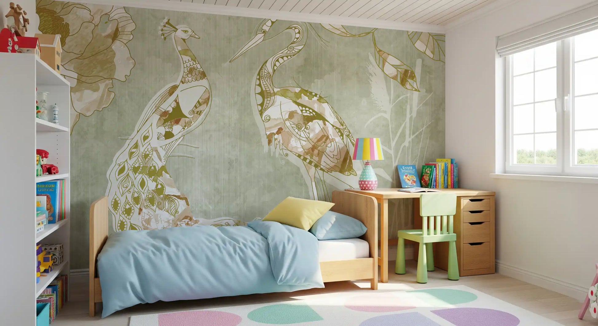 Emerald Green Peacock wall mural showing intricate feather structure