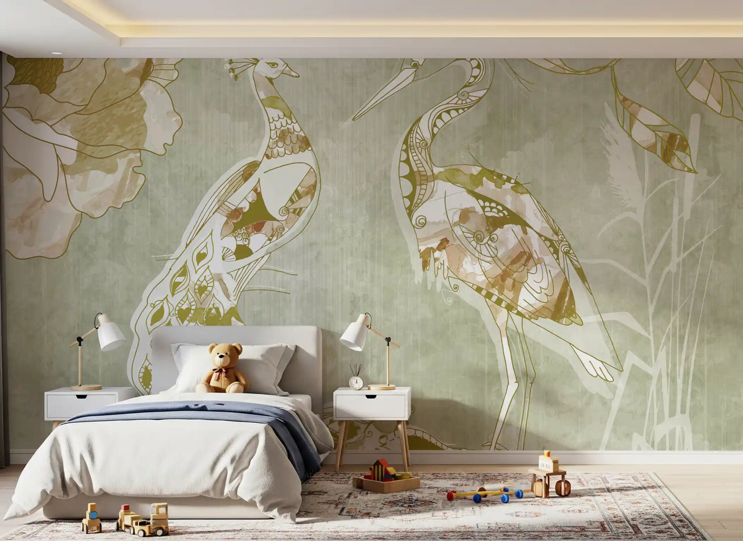 Emerald Green Peacock wall mural with floral accents and soft background
