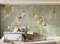 Emerald Green Peacock wall mural with floral accents and soft background